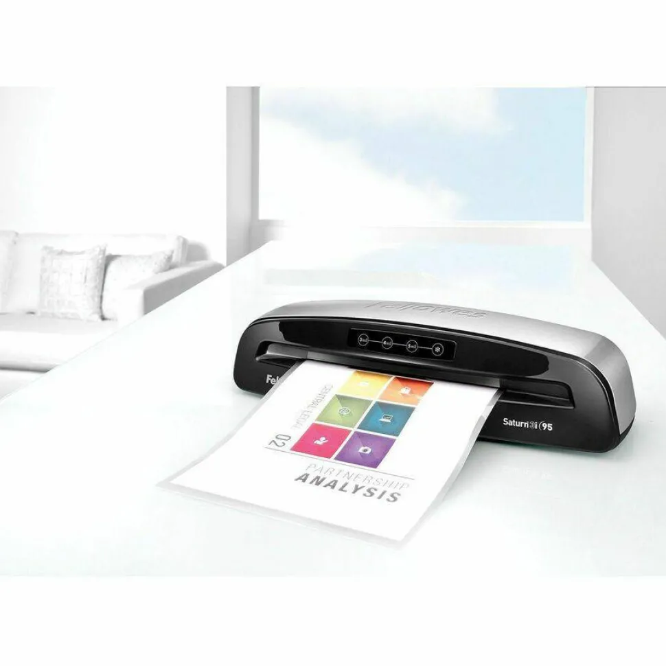 Fellowes Saturn 95 Thermal and Cold Laminator Machine with 10-Sheet Starter Kit, 9.5 inch, Easy and Fast Warm-Up, Jam-Free Design