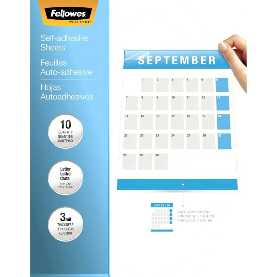 Fellowes Self-Adhesive Laminating Sheets, 9.25" x 12", 3 mil, Clear, Pack Of 50