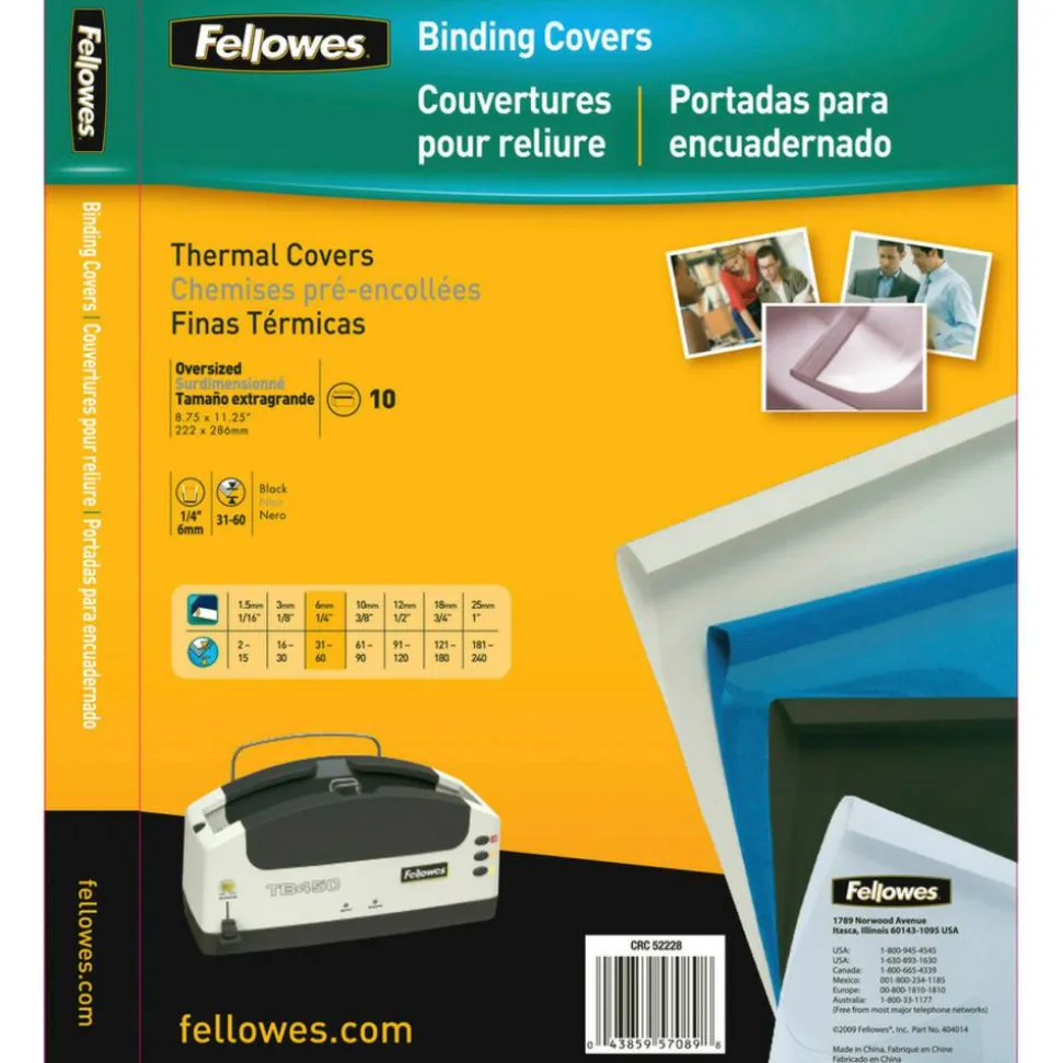 Fellowes Thermal Heavy-Gauge Binding Covers, 1/4", 31-60 Sheet Capacity, Clear/Black, Pack Of 10