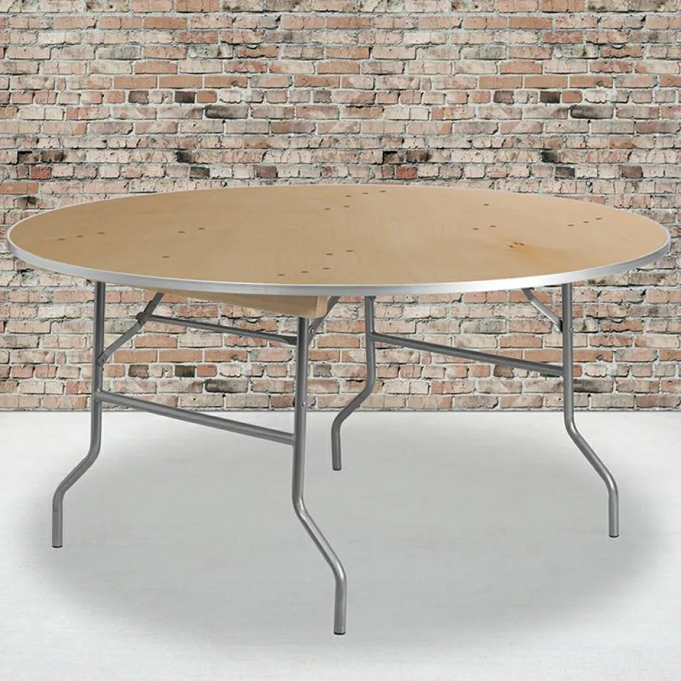 Fielder 5.5-Foot Round HEAVY DUTY Birchwood Folding Banquet Table with METAL Edges
