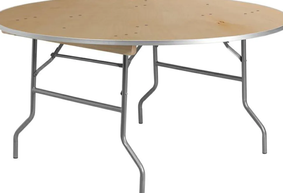 Fielder 5.5-Foot Round HEAVY DUTY Birchwood Folding Banquet Table with METAL Edges
