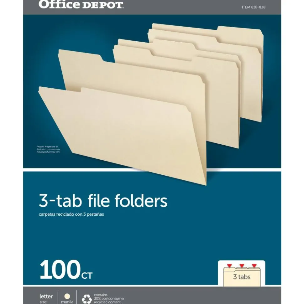File Folders, 1/3 Cut, Letter Size, 30% Recycled, Manila, Pack Of 100 Folders