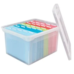 File Tote With Snap Lid And Built In Handles, Letter/Legal Size, 18" x 14 1/4" x 10-7/8", Clear
