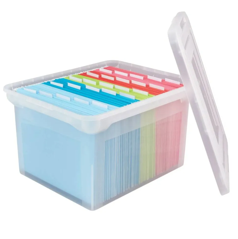 File Tote With Snap Lid And Built In Handles, Letter/Legal Size, 18" x 14 1/4" x 10-7/8", Clear