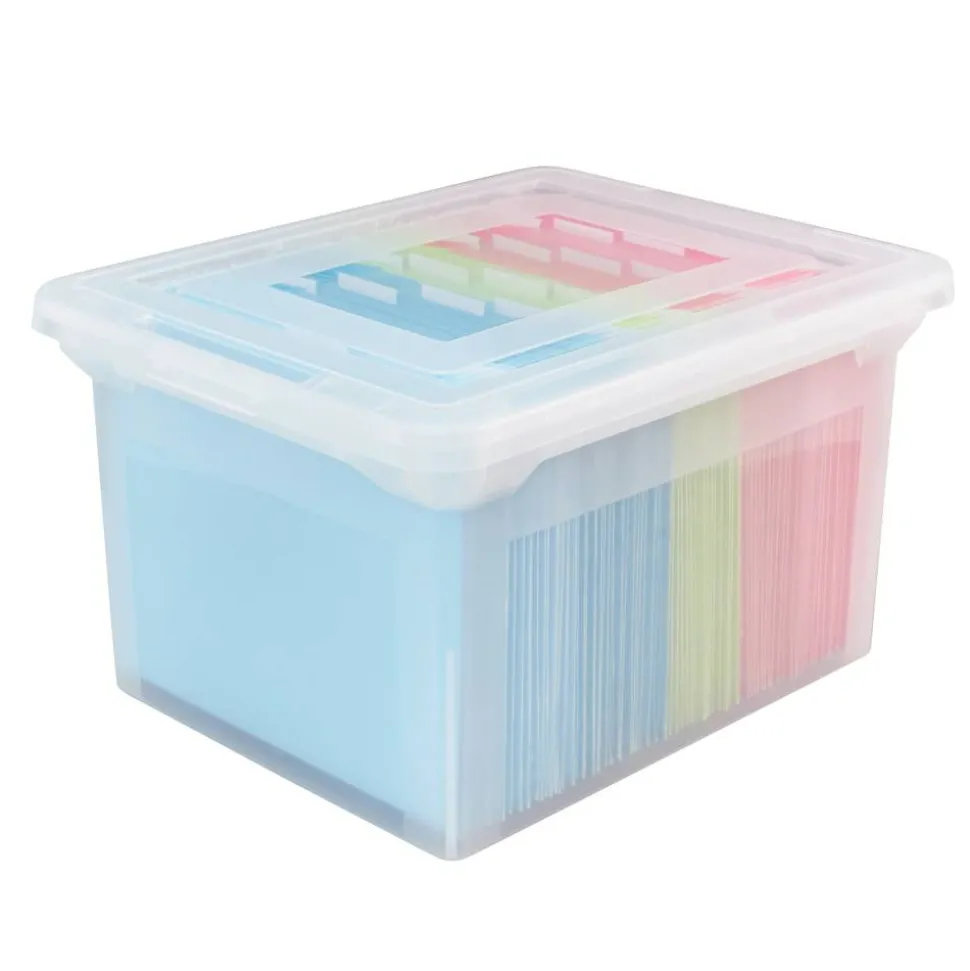 File Tote With Snap Lid And Built In Handles, Letter/Legal Size, 18" x 14 1/4" x 10-7/8", Clear