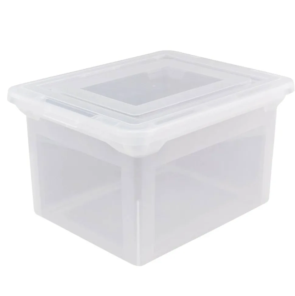 File Tote With Snap Lid And Built In Handles, Letter/Legal Size, 18" x 14 1/4" x 10-7/8", Clear