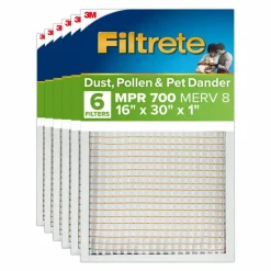 Filtrete 16 x 30 x 1 Air Filter, 6 HVAC Filters, MPR 700, Merv 8, Dust, Pollen & Pet Dander, 3 Month Pleated 1 Inch Electrostatic Air Filters