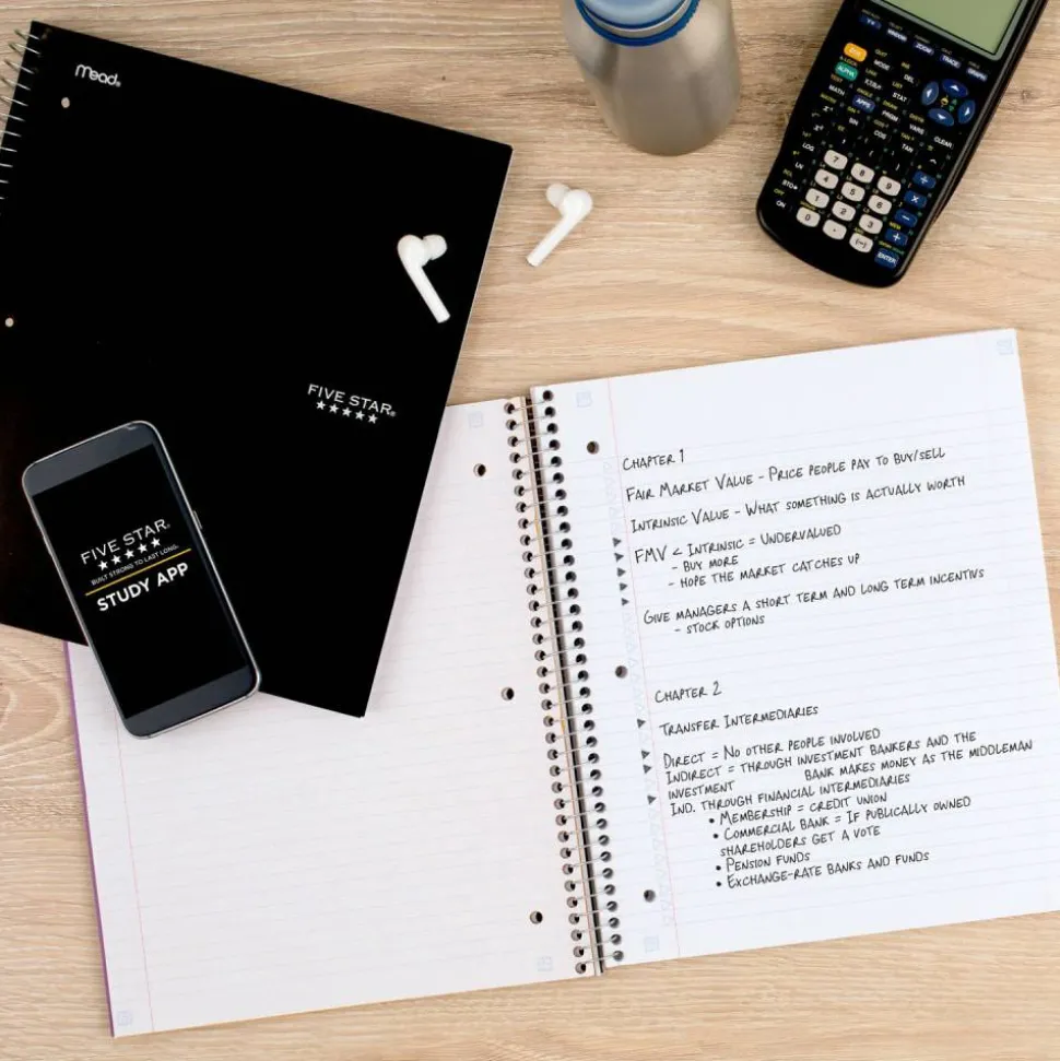 Five Star Wire-Bound Notebook, 8-1/2" x 11", 5 Subject, College Ruled, 200 Sheets, Black