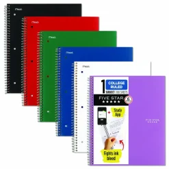 Five Star Wirebound Notebook, 1-Subject, Medium/College Rule, Assorted Cover Colors, (100) 11 x 8.5 Sheets, 6/Pack