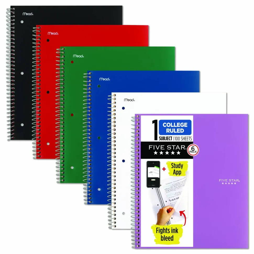 Five Star Wirebound Notebook, 1-Subject, Medium/College Rule, Assorted Cover Colors, (100) 11 x 8.5 Sheets, 6/Pack