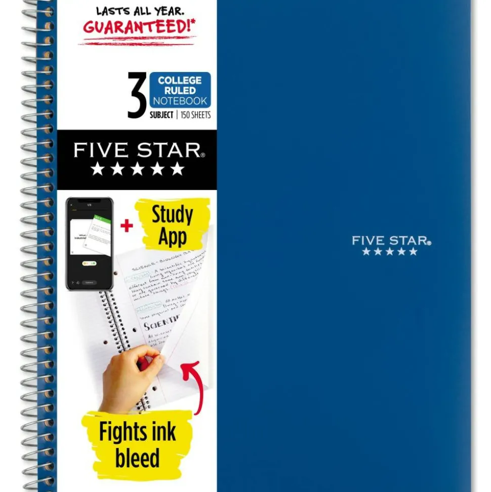 Five Star Wire-Bound Notebook, 8-1/2" x 11", 3 Subject, College Ruled, 150 Sheets, Pacific Blue