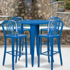 Flash Furniture 30'' Round Blue Metal Indoor-Outdoor Bar Table Set with 4 Vertical Slat Back Barstools