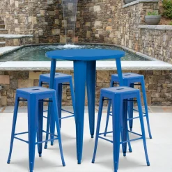 Flash Furniture 30'' Round Blue Metal Indoor-Outdoor Bar Table Set with 4 Square Seat Backless Barstools