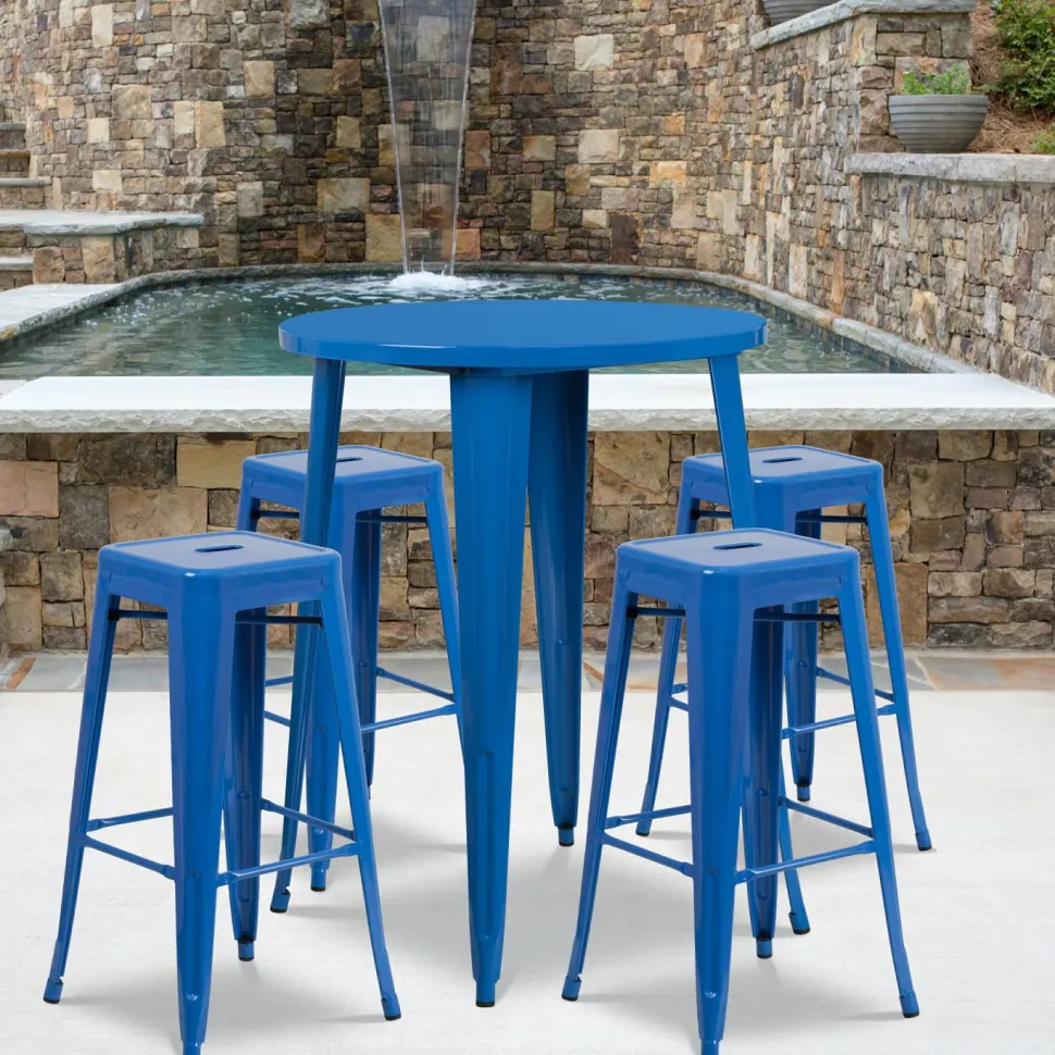 Flash Furniture 30'' Round Blue Metal Indoor-Outdoor Bar Table Set with 4 Square Seat Backless Barstools