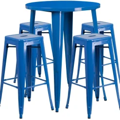 Flash Furniture 30'' Round Blue Metal Indoor-Outdoor Bar Table Set with 4 Square Seat Backless Barstools