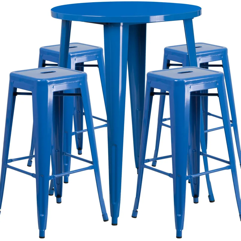Flash Furniture 30'' Round Blue Metal Indoor-Outdoor Bar Table Set with 4 Square Seat Backless Barstools