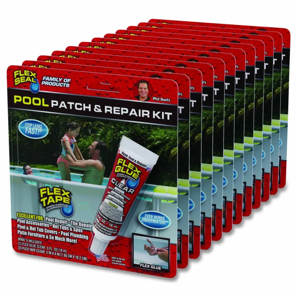 Flex Seal Products Pool Patch and Repair Kit, Flex Glue Mini Clear 0.6 oz Tube and (2) Flex Tape Mini Clear Patches 3" x 4", 12/Carton