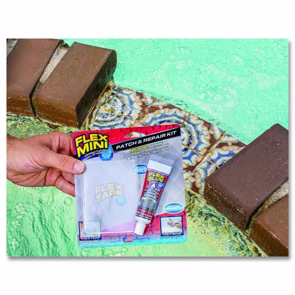 Flex Seal Products Pool Patch and Repair Kit, Flex Glue Mini Clear 0.6 oz Tube and (2) Flex Tape Mini Clear Patches 3" x 4", 12/Carton