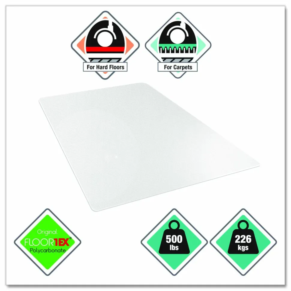 Floortex Cleartex MegaMat Heavy-Duty Polycarbonate Mats for Flat to Plush Pile Carpeted and Hard Floors, Rectangular, 46" x 60", Clear