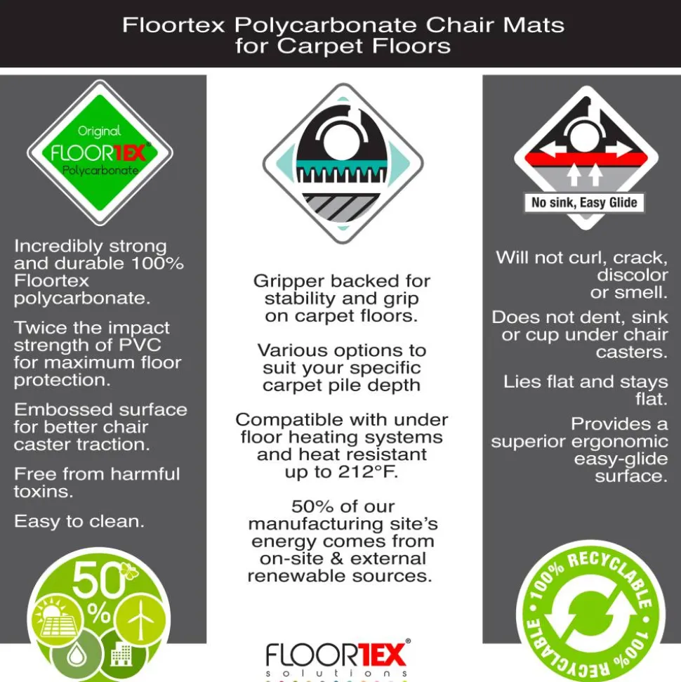 Floortex Polycarbonate Rectangular Chair Mat for Carpets up to 1/2" - 48" x 53"