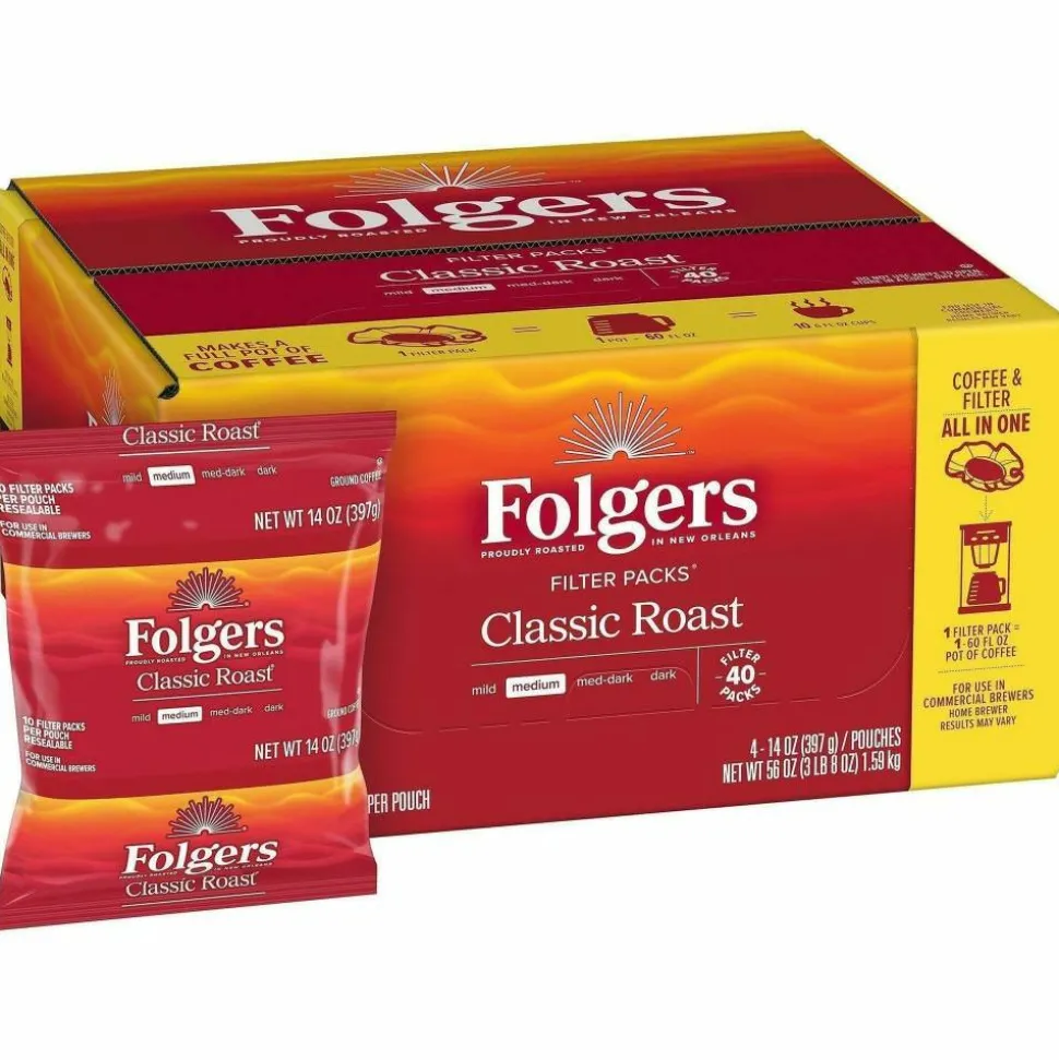 Folgers Coffee Filter Packs, Classic Roast, 1.4 oz Pack, 40/Carton