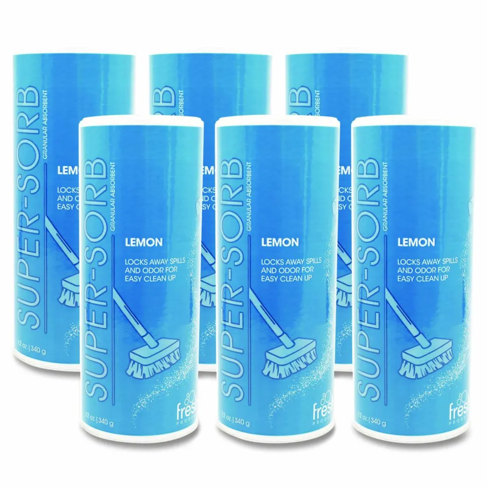 Fresh Products Super-Sorb Liquid Spill Absorbent, Lemon Scent, 720 oz Absorbing Volume, 12 oz Shaker Can, 6/Box