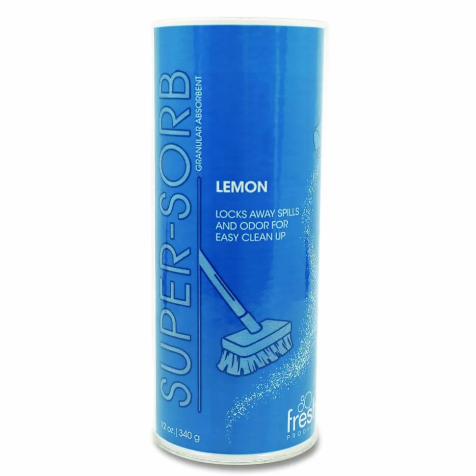 Fresh Products Super-Sorb Liquid Spill Absorbent, Lemon Scent, 720 oz Absorbing Volume, 12 oz Shaker Can, 6/Box