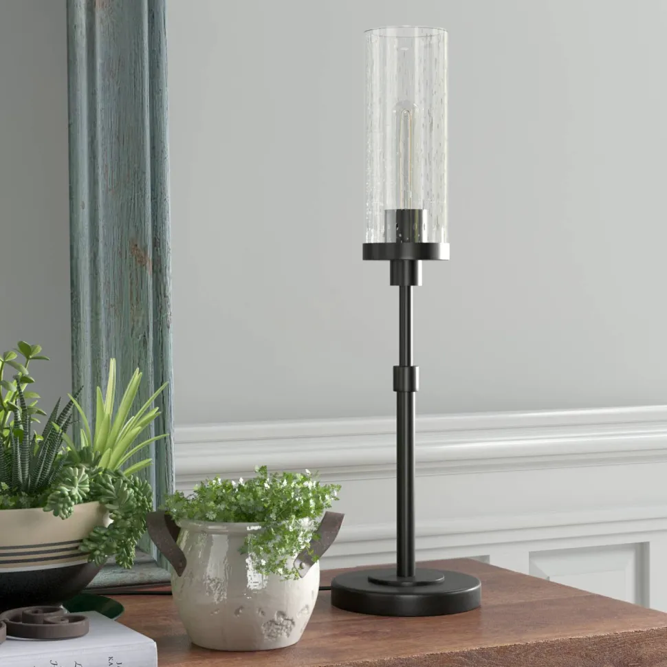 Frieda 26.68" Tall Table Lamp with Glass Shade in Blackened Bronze/Seeded