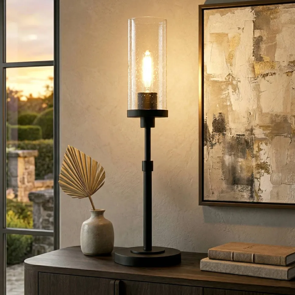 Frieda 26.68" Tall Table Lamp with Glass Shade in Blackened Bronze/Seeded