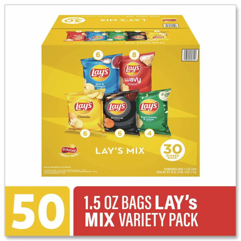 Frito-Lay Potato Chip Variety Mix, Assorted Flavors, 1.5 oz Bag, 30 Bags/Carton