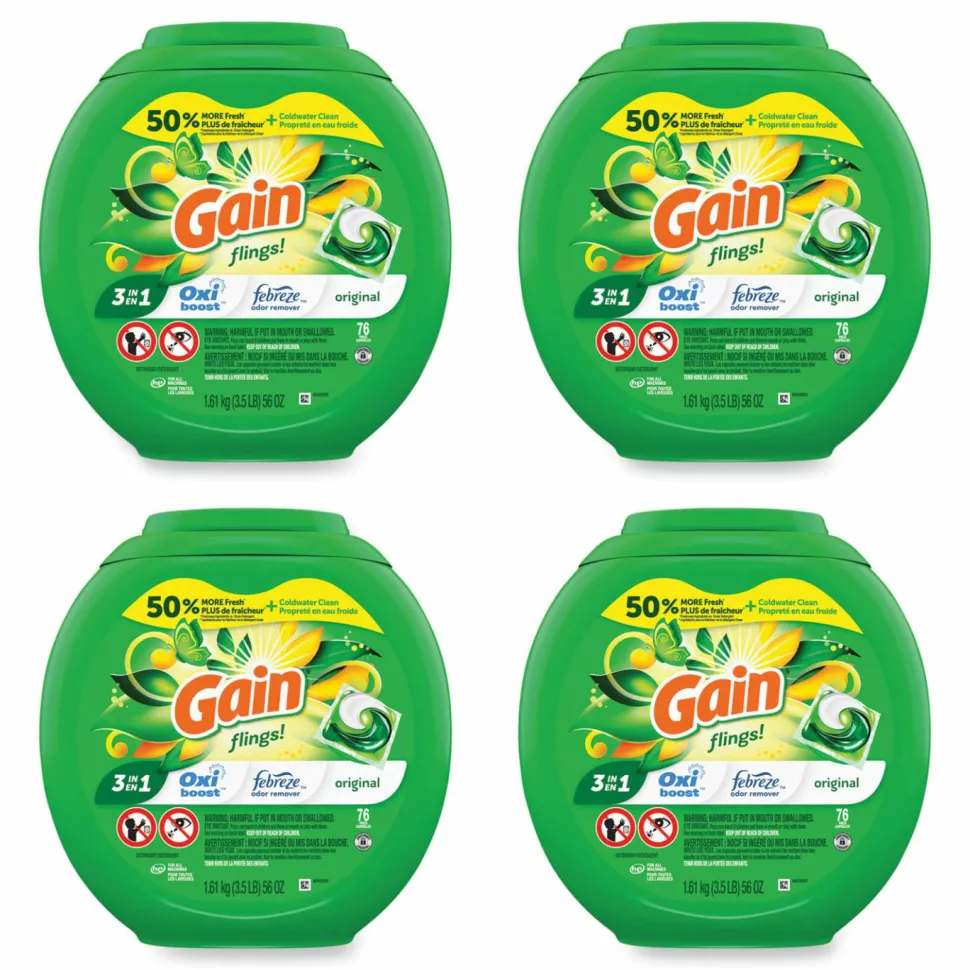 Gain Flings Detergent Pods, Gain Original Scent, 76 Pods/Tub, 4 Tubs/Carton