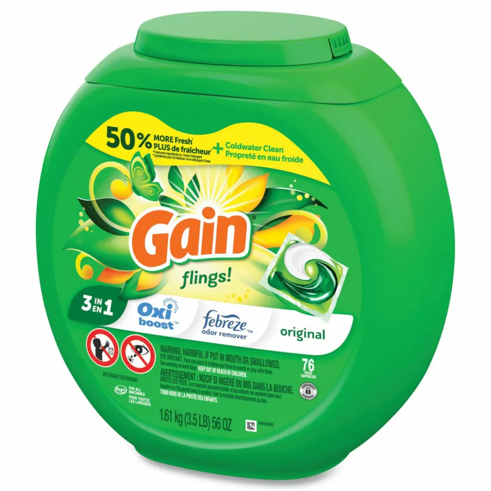 Gain Flings Detergent Pods, Gain Original Scent, 76 Pods/Tub, 4 Tubs/Carton