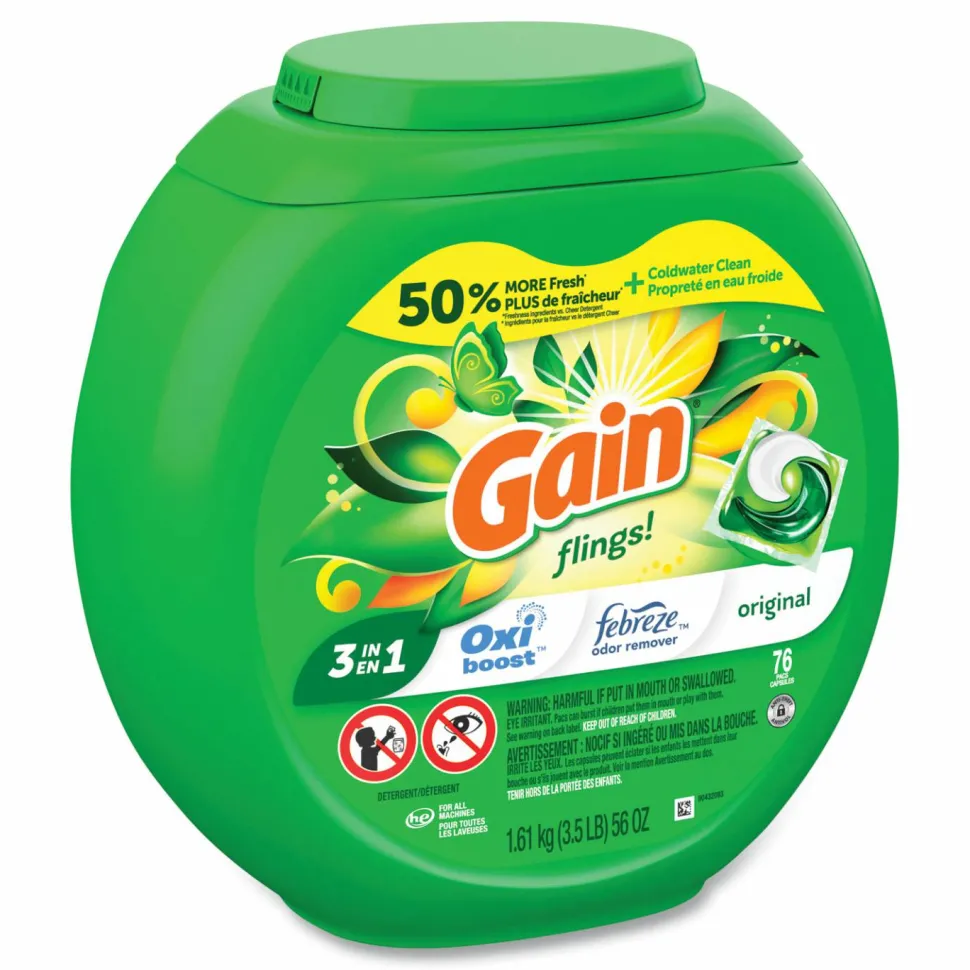 Gain Flings Detergent Pods, Gain Original Scent, 76 Pods/Tub, 4 Tubs/Carton