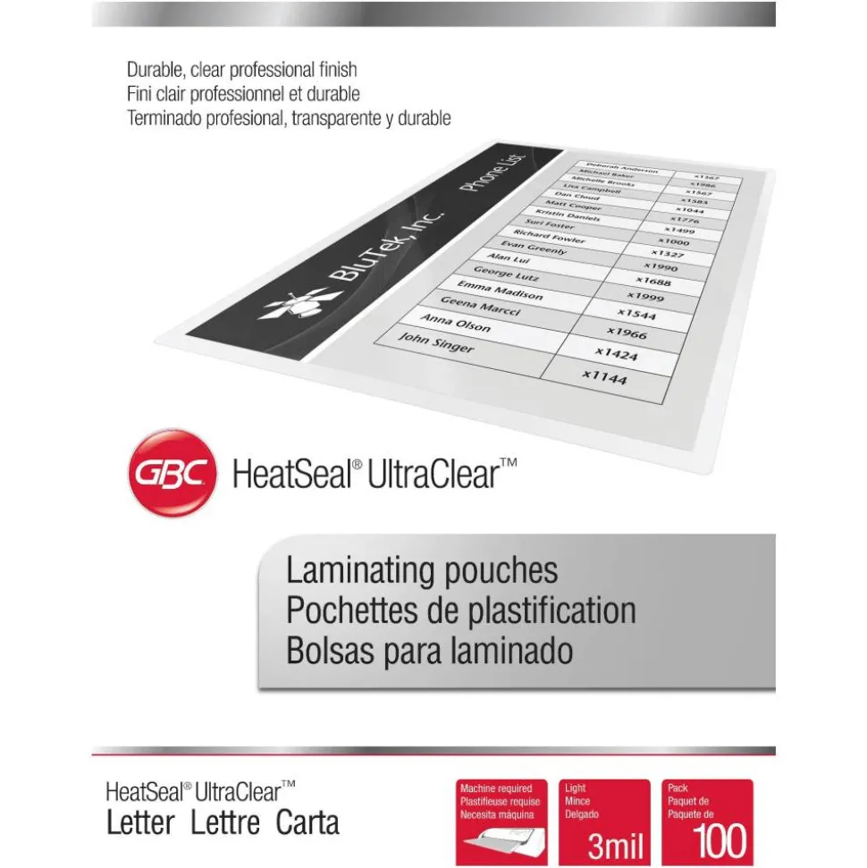 GBC HeatSeal UltraClear Thermal Laminating Pouches, 3 mil, 100/Pack