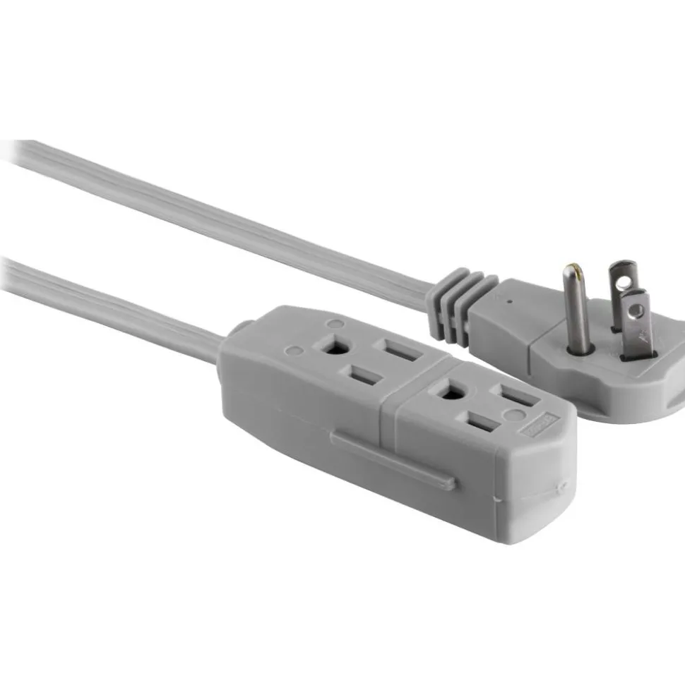 GE 3 Outlet Extension Cord, 15' Long Cord, Flat Plug, Gray, 43026