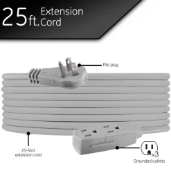 GE 3 Outlet Extension Cord, 25' Long Cord, Flat Plug, Gray, 43025