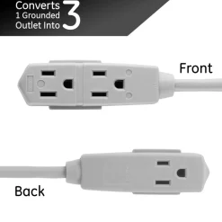 GE 3 Outlet Extension Cord, 25' Long Cord, Flat Plug, Gray, 43025
