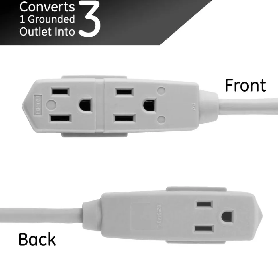 GE 3 Outlet Extension Cord, 25' Long Cord, Flat Plug, Gray, 43025