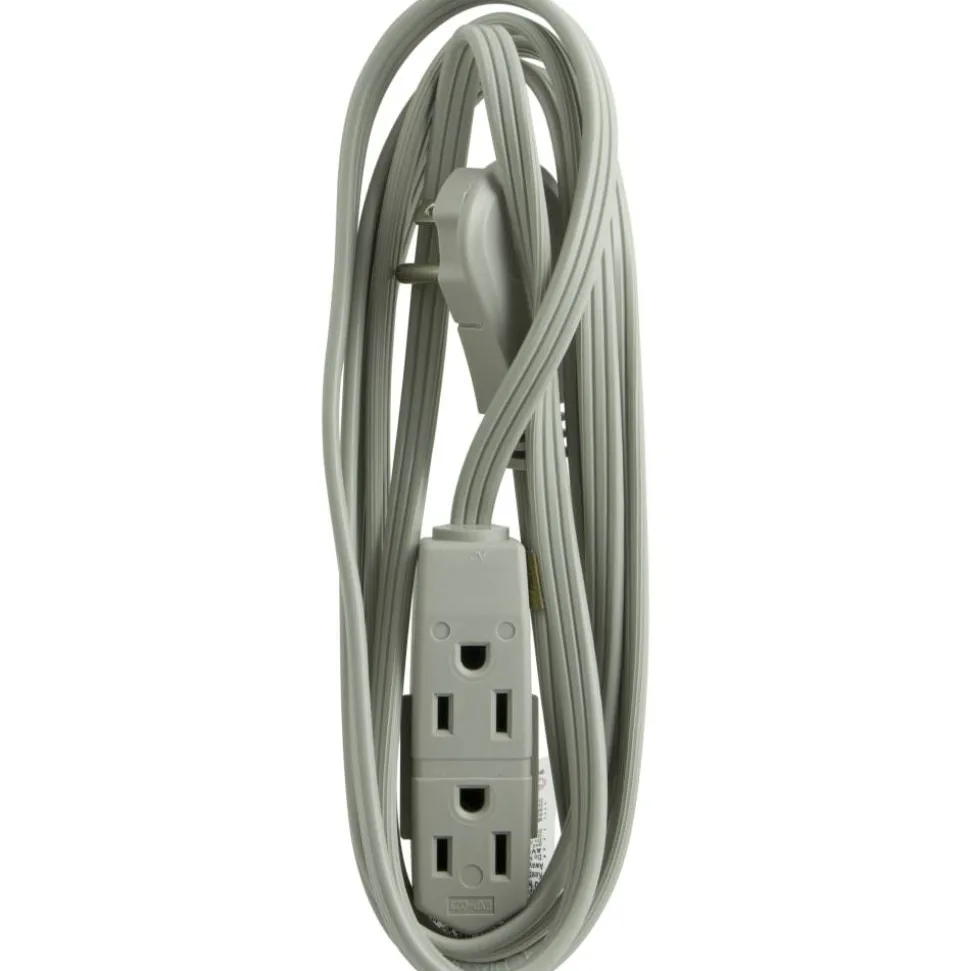 GE 3 Outlet Extension Cord, 8' Long Cord, Flat Plug, Gray, 43027