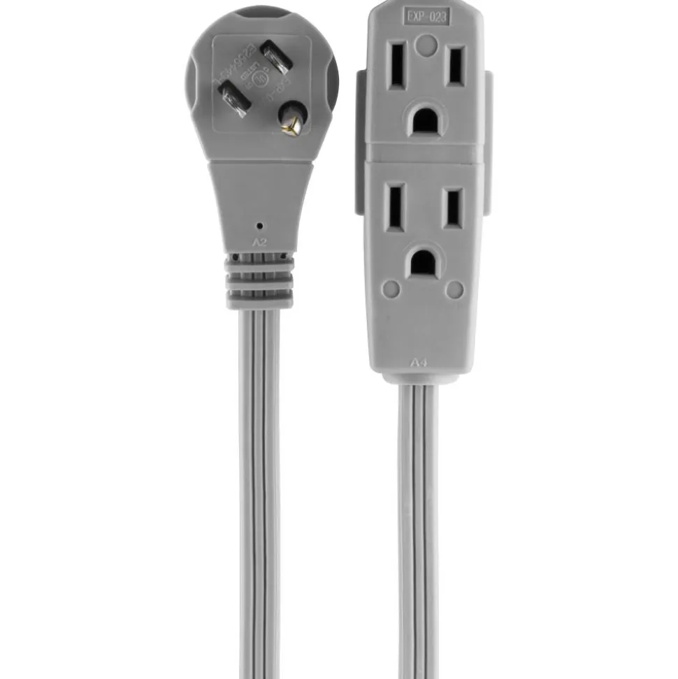 GE 3 Outlet Extension Cord, 8' Long Cord, Flat Plug, Gray, 43027