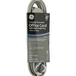 GE 3 Outlet Extension Cord, 8' Long Cord, Flat Plug, Gray, 43027