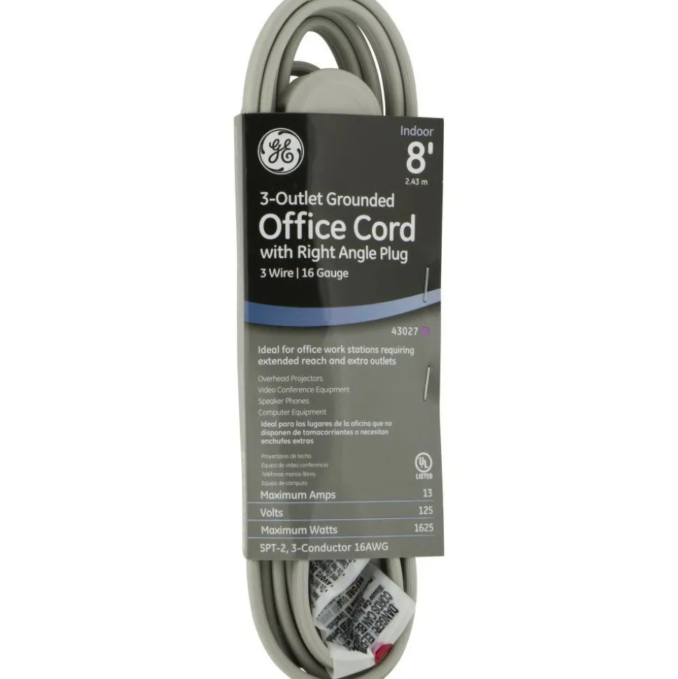 GE 3 Outlet Extension Cord, 8' Long Cord, Flat Plug, Gray, 43027