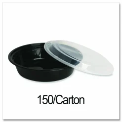GEN Microwavable Food Container with Lid, Round, 24 oz, 7.28 x 7.28 x 1.96, Black/Clear, Plastic, 150/Carton