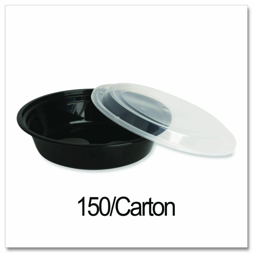 GEN Microwavable Food Container with Lid, Round, 24 oz, 7.28 x 7.28 x 1.96, Black/Clear, Plastic, 150/Carton