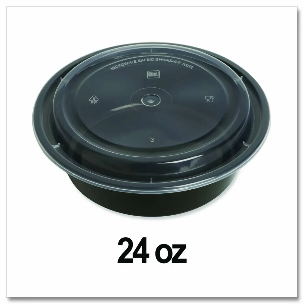 GEN Microwavable Food Container with Lid, Round, 24 oz, 7.28 x 7.28 x 1.96, Black/Clear, Plastic, 150/Carton