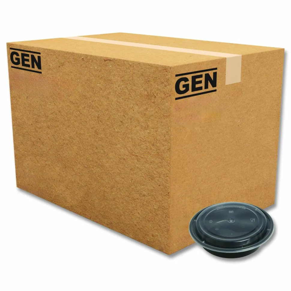 GEN Microwavable Food Container with Lid, Round, 24 oz, 7.28 x 7.28 x 1.96, Black/Clear, Plastic, 150/Carton