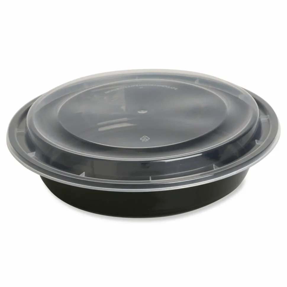 GEN Microwavable Food Container with Lid, Round, 48 oz, 8.85 x 8.85 x 2.24, Black/Clear, Plastic, 150/Carton