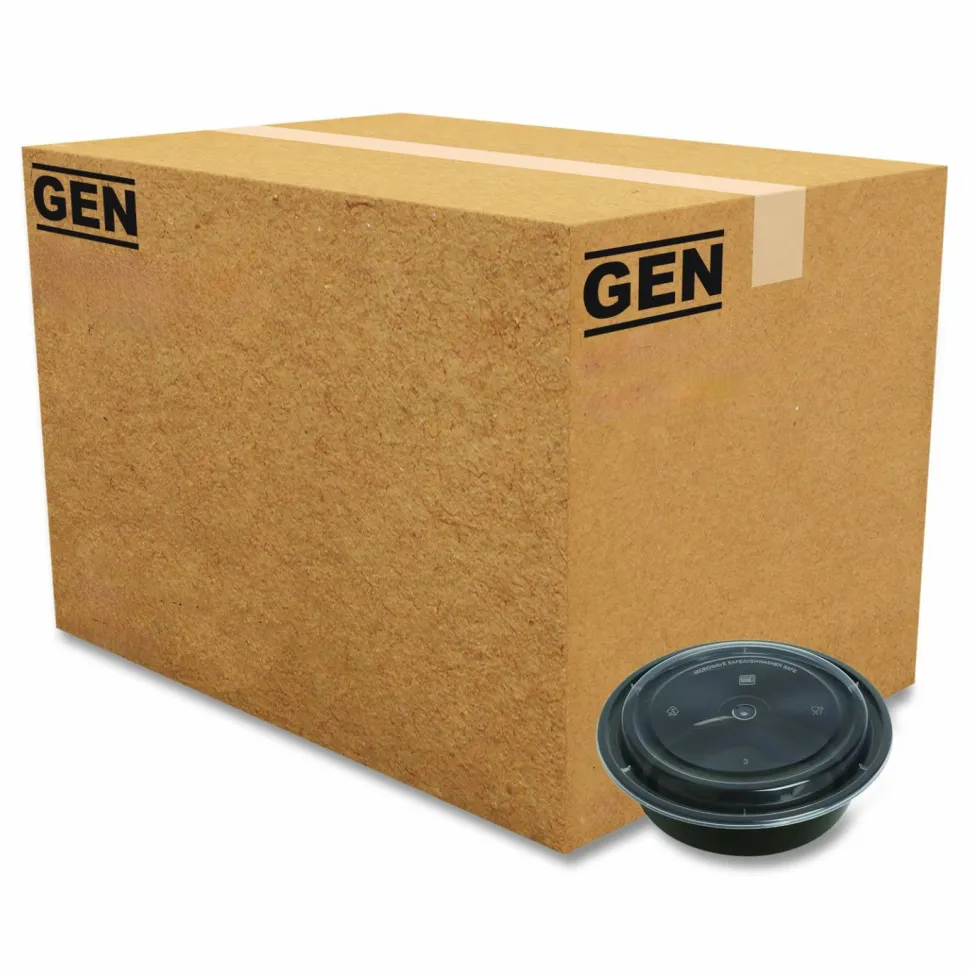 GEN Microwavable Food Container with Lid, Round, 48 oz, 8.85 x 8.85 x 2.24, Black/Clear, Plastic, 150/Carton