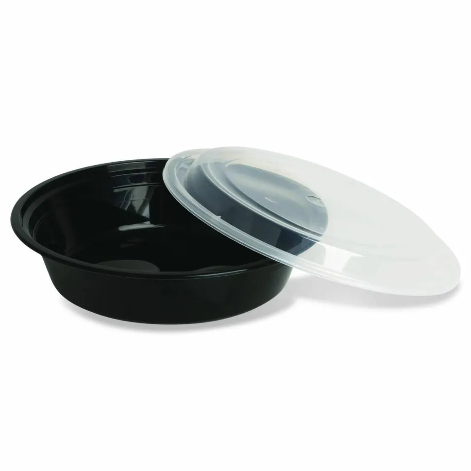 GEN Microwavable Food Container with Lid, Round, 48 oz, 8.85 x 8.85 x 2.24, Black/Clear, Plastic, 150/Carton