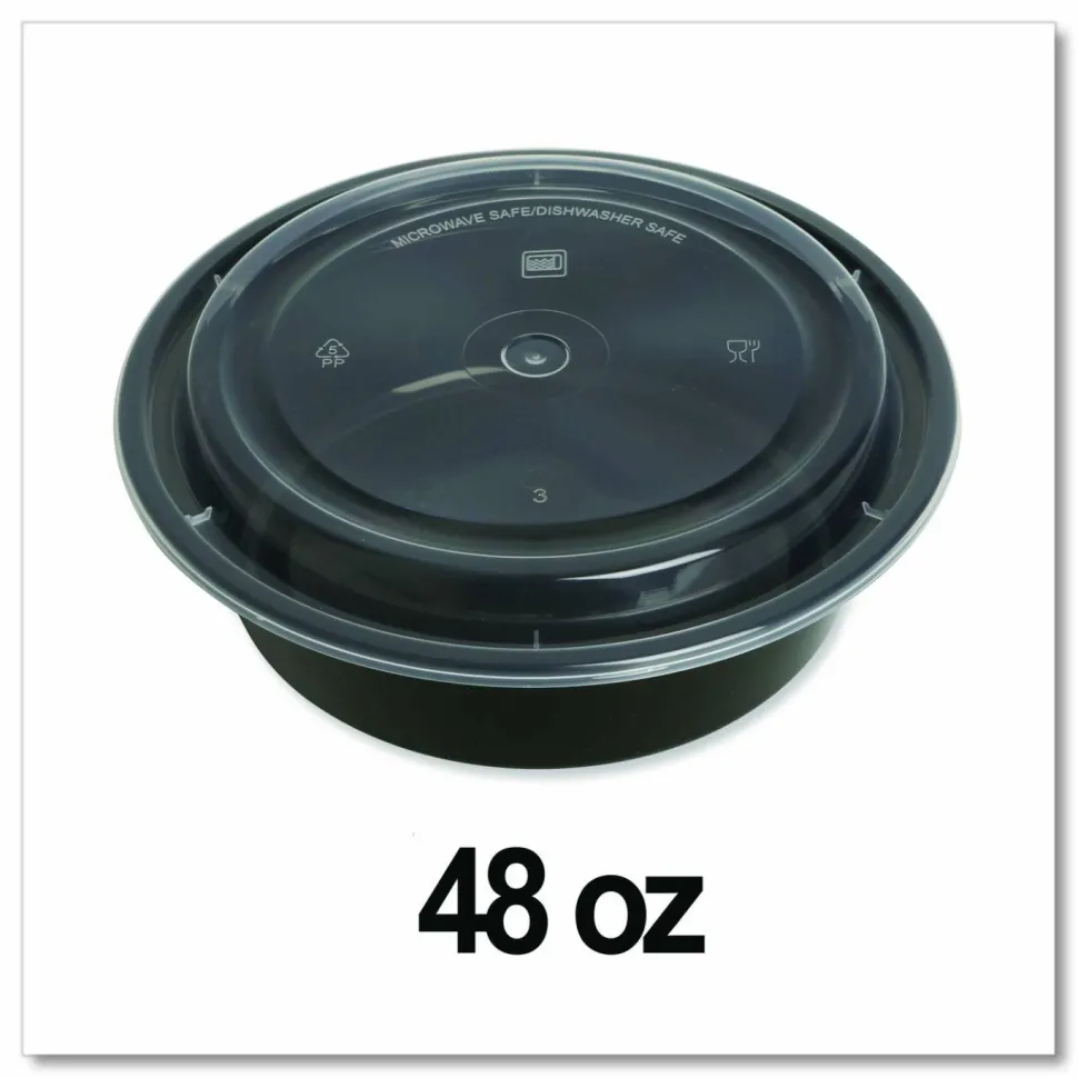 GEN Microwavable Food Container with Lid, Round, 48 oz, 8.85 x 8.85 x 2.24, Black/Clear, Plastic, 150/Carton